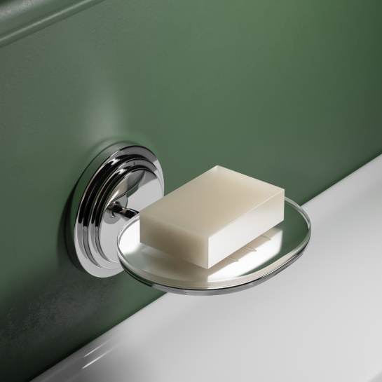 Chrome Soap dish with Soap Chrome Soap installed on a green wall with wall bracket and dish displaying soap