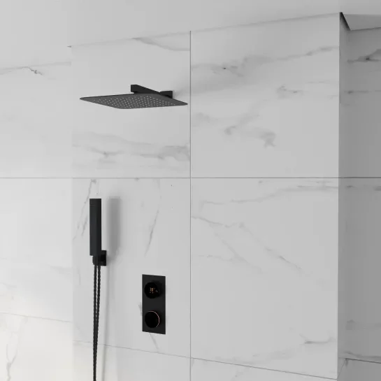 Product Image for Cyber Black Two-way Shower Set with Fixed Head, Wall Arm, Handset & Bracket