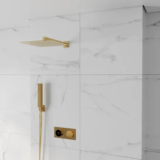 Product Image for Cyber Brushed Brass 2 Outlet Shower Set with Fixed Head, Wall Arm, Handset & Bracket