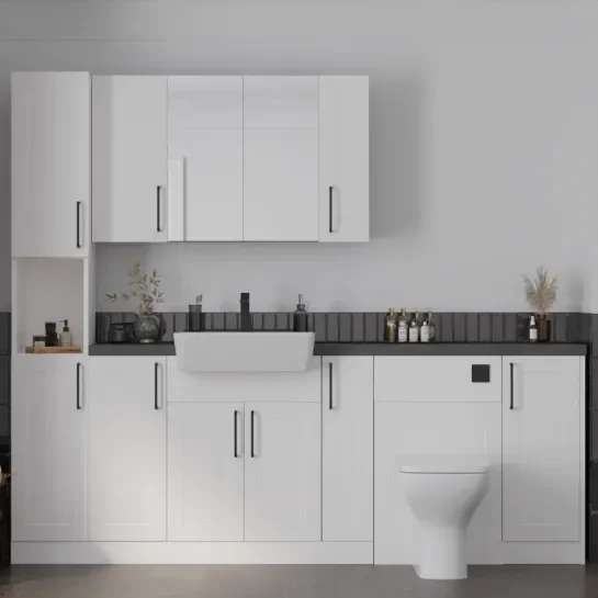 Main Product Image for Oliver 2200 White Shaker Fitted Furniture Combination Vanity Unit with Ceramic Basin, WC, Mirror Cabinet, Tallboy and Fixing Kits