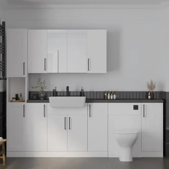 Main Product Image for Oliver 2300 White Shaker Fitted Furniture Combination Vanity Unit with Ceramic Basin, WC, Mirror Cabinet, Tallboy and Fixing Kits