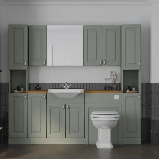 Main Product Image for Oliver 2100 Sage Green Shaker Fitted Furniture Combination Vanity Unit with Ceramic Basin, WC, Mirror Cabinet, Tallboy and Fixing Kits