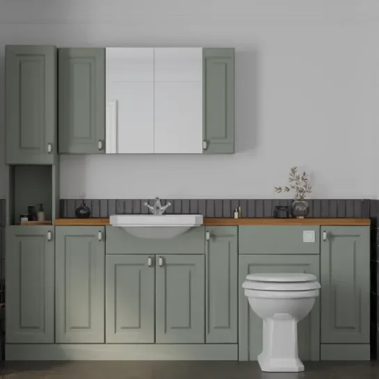 Main Product Image for Oliver 2200 Sage Green Shaker Fitted Furniture Combination Vanity Unit with Ceramic Basin, WC, Mirror Cabinet, Tallboy and Fixing Kits
