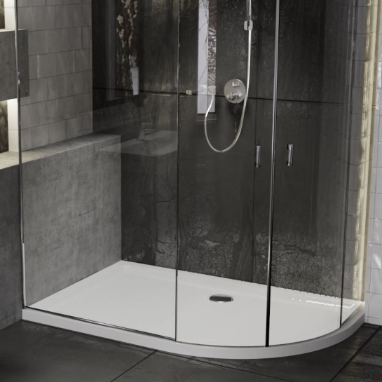 Offset Quadrant Low Profile Easy Plumb Raised Stone Resin Right Hand Tray Room scene showing raised right hand offset quadrant stone resin anti-slip shower tray
