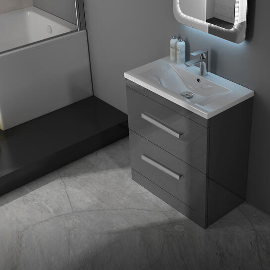 Patello 60 Grey Vanity Unit And Basin 2 Draws straight Modern Bathroom and Cloakroom