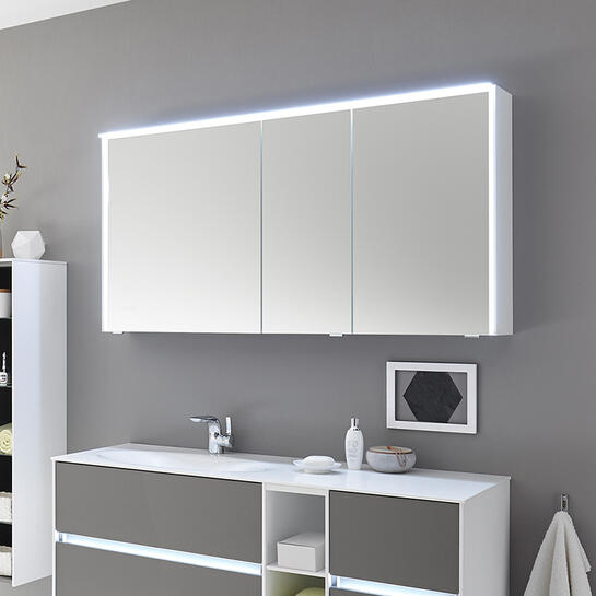 Solitaire 6010 3 Door Mirror Cabinet including LED Light Canopy and Power Outlet