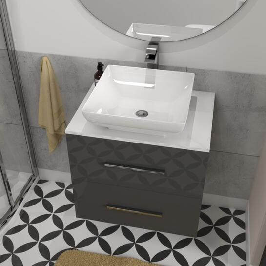 Luxury wall hung design Sonix grey 600 wall hung bathroom unit with white glass top and basin