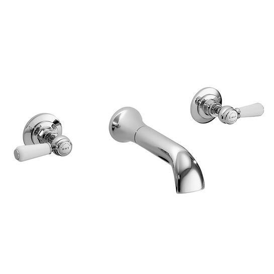 WHITE 3 TAP HOLE WALL BATH FILLER WITH LEVER & HEX COLLAR
