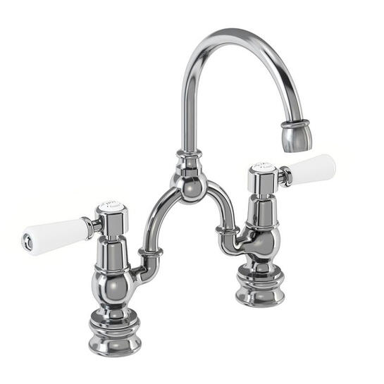 Kensington Two tap hole arch mixer black indice with curved spout (250mm centres) Kensington Two tap hole arch mixer black indice with curved spout (250mm centres)