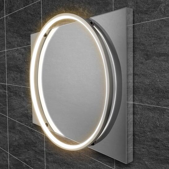 Close-up of Chrome-framed LED Round Mirror