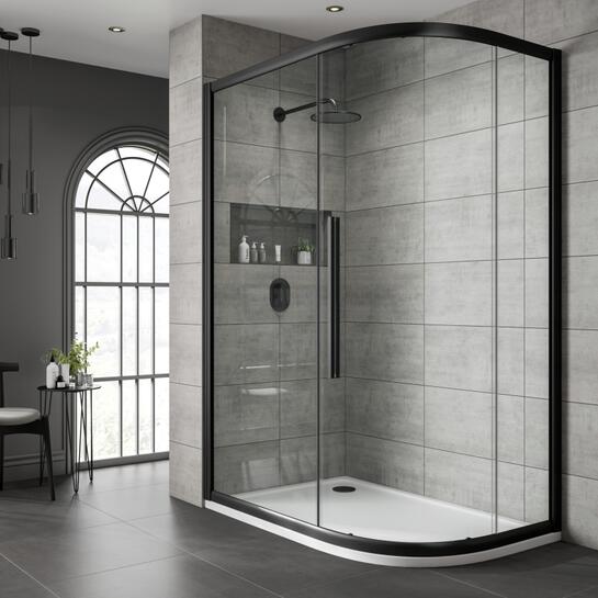 Product image for Jaquar Shower Enclosure One Door Offset Quadrant Black Frame Clear Glass 800 x 1200