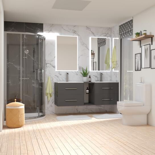 Grey Shower Bathroom Suite with Shower, Double Wall hung unit and closed coupled toilet