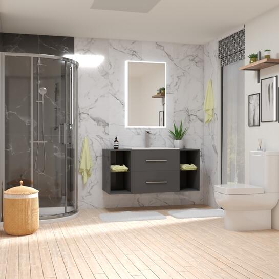 Bathroom Shower Suite in Grey with wall hung unit