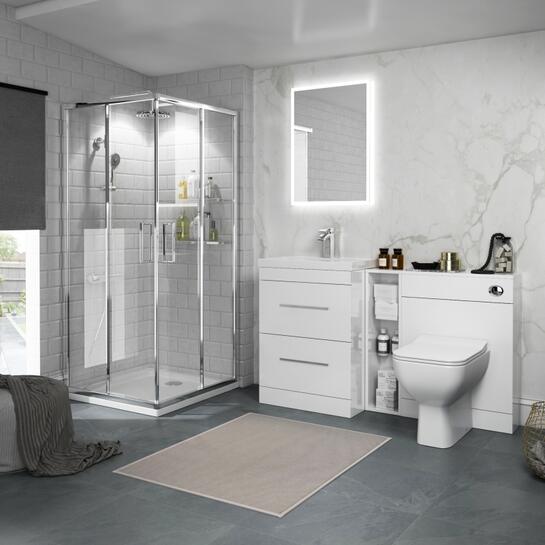 White Patello Shower Suite with Vanity and Back to Wall Toilet Bathroom White Shower Suite with Storage