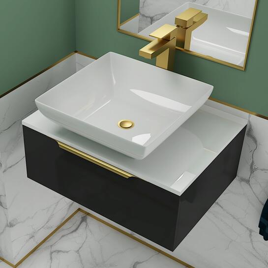 Jivana 600 Grey Vanity Unit with White Glass Worktop | Gold Handles