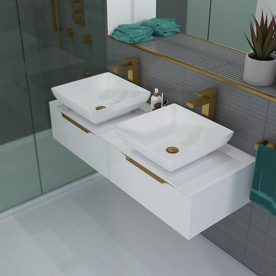 Jivana 1200 Wall Hung White Vanity Unit | Gold Handles