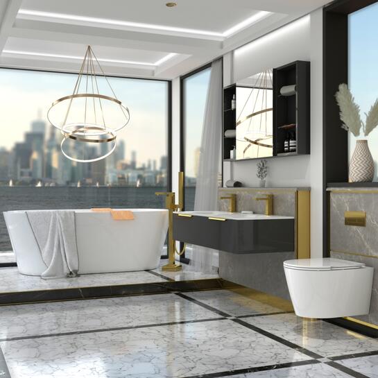 Jivana Suite | 1200 Grey Vanity, Toilet, Bath | Gold Handles