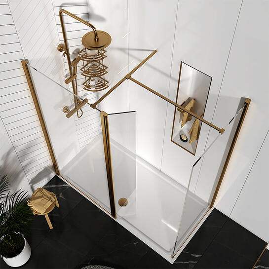 Radiant Brushed Brass 1500 Walk In Corner Main End Panel with Flipper