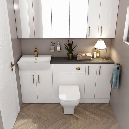 Oliver Gold Fitted Suite w Mirror Cabinets: White