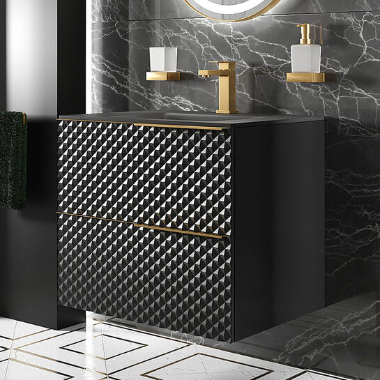 Elvia 600mm Black Vanity Unit with Black Basin, Gold Handles (No Legs)