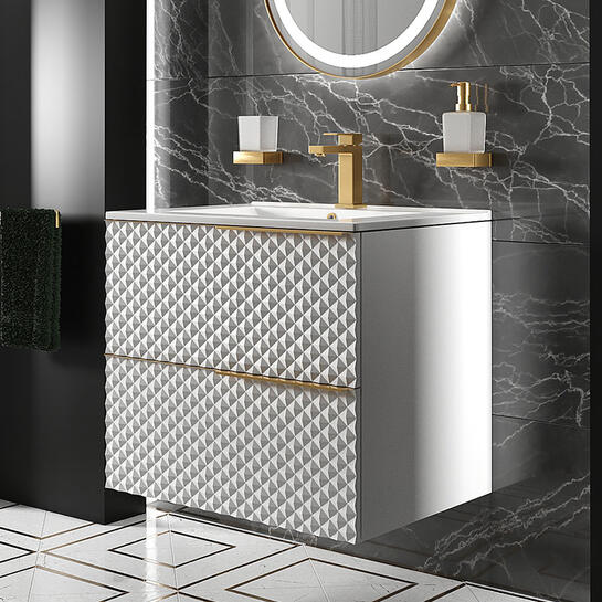 Elvia 600mm White Vanity Unit with White Basin, Gold Handles (No Legs)