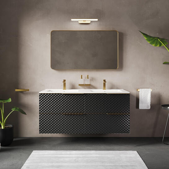 Product Image showing Elvia 1200 Black Vanity Unit without Legs with Brushed Gold Handles without Legs
