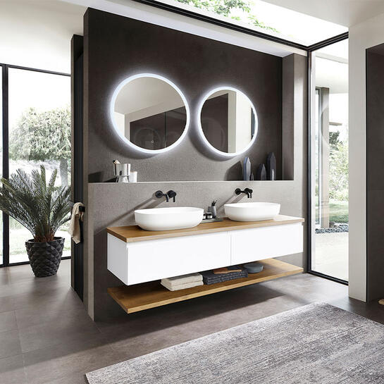 pelipal pcon select ii 1520mm double vanity unit with countertop basins and optional shelf under unit | 2 handleless drawers