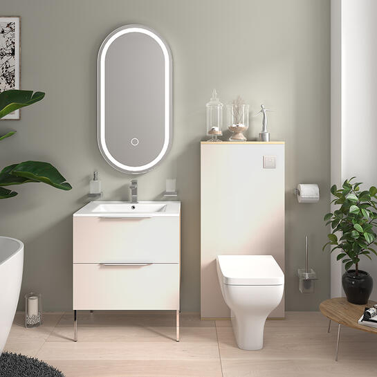 Alani Sand Vanity with WC Unit, Toilet & Cistern | Handles, Legs & Flushbutton in Chrome Alani Sand Vanity with WC Unit, Toilet & Cistern | Handles, Legs & Flushbutton in Chrome