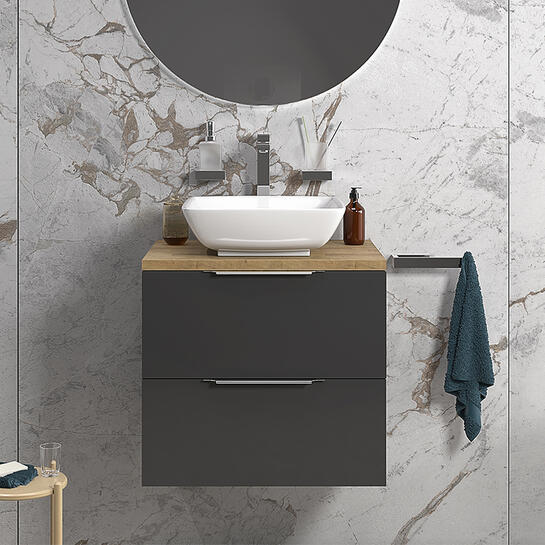 Vanity Unit with Oak Worktop | Chrome Handles