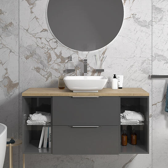 Vanity Unit with Oak Worktop | Chrome Handles