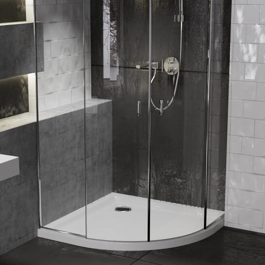 Room scene showing quadrant corner anti-slip stone resin shower tray