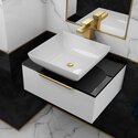 SMALL, WHITE, WALL HUNG, VANITY UNIT, BLACK GLASS TOP, GOLD HANDLES