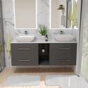 counter top basin with grey wall hung unit with glass storage and 2 draws