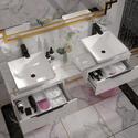Shows Front view of Large Jivana Double White Vanity Unit with Black Glass Worktop