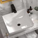Shows Top View of Basin & Open Drawers of Jivana 1500 White Sink Unit with Black Glass Worktop