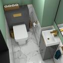 SMALL, GREY, VANITY UNIT WITH BASIN, GREY, BACK TO WALL TOILET, WITH GOLD HANDLES AND GOLD FLUSH PLATE