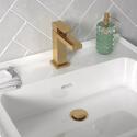 Angled Top view of BC Gold Tap with Basin and Gold Click Waste for Jivana, Chester, Sonix, Patello and Pemberton