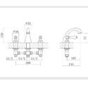 Technical line drawing showing dimensions of Clarice Traditional Three Hole Sink Tap with Lever Handle