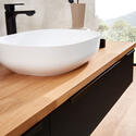 pelipal series 9005 1370mm large wall hung vanity unit with oak worktop & countertop basin. optional tap, waste & round mirror