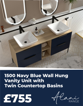 blue double vanity unit with storage with countertop basins