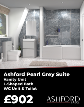 Ashford 600 Pearl Grey Bath Suite: Vanity Unit, WC Unit & Toilet, L Shape Bath