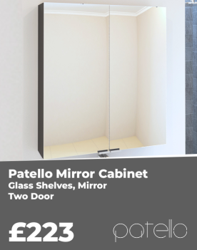 Side Banner Of Patello Grey 2 Door Mirror Cabinet Glass Shelves