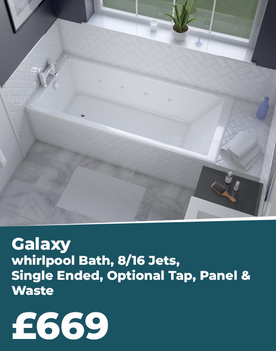 Galaxy Whirlpool Bath: 1800 x 800, 8 or 16 Jet, Single Ended, Optional Tap, Panel & Waste