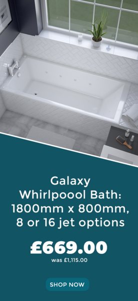 Galaxy Whirlpool Bath: 1800 x 800, 8 or 16 Jet, Single Ended, Optional Tap, Panel & Waste
