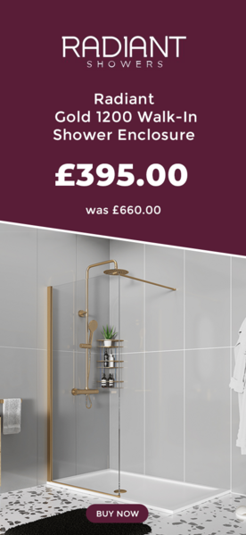 Radiant Brushed Gold 1200 Walk-in Shower Enclosure for Recess: Tray Included, Optional Hinge Panel, Optional Waste