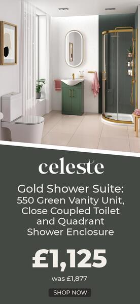Celeste Gold Shower Suite: 550 Green Vanity Unit, Close Coupled Toilet and Quadrant Shower Enclosure