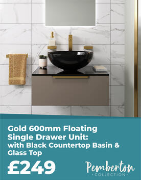 Modern Small Bathroom Vanity Unit in Gold with countertop basin in black