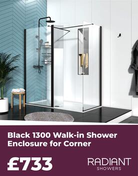 radiant 1300 walk in shower enclosure in matt black