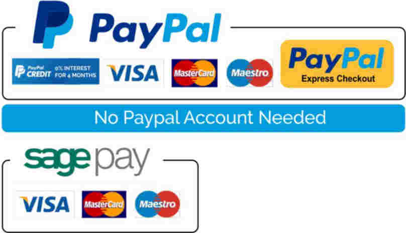 Payment methods available: SagePay, Paypal, Visa, Maestro, MasterCard